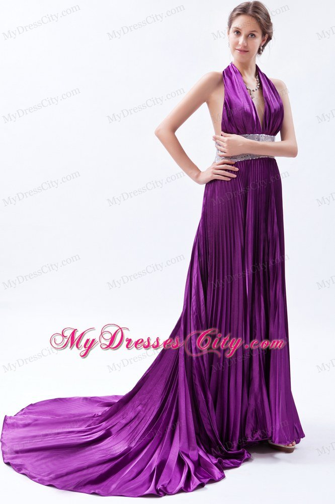 Halter Backless Sequins Pleats Eggplant Purple Prom Dress with Court Train