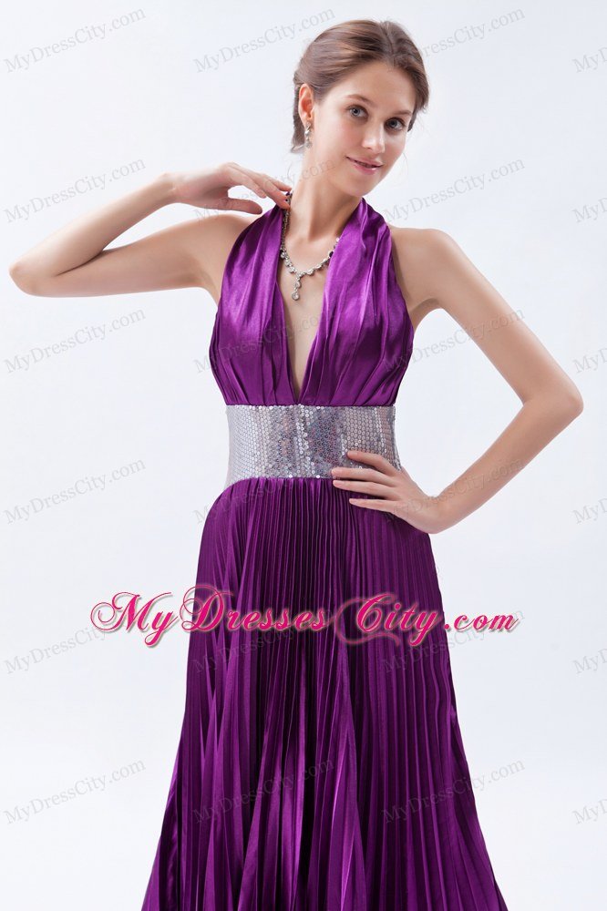 Halter Backless Sequins Pleats Eggplant Purple Prom Dress with Court Train