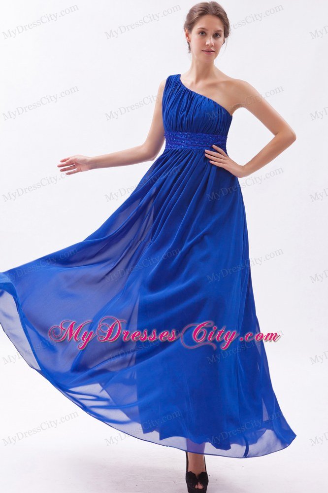 Chiffon One Shoulder Empire Beading Blue Prom Dress for Girls