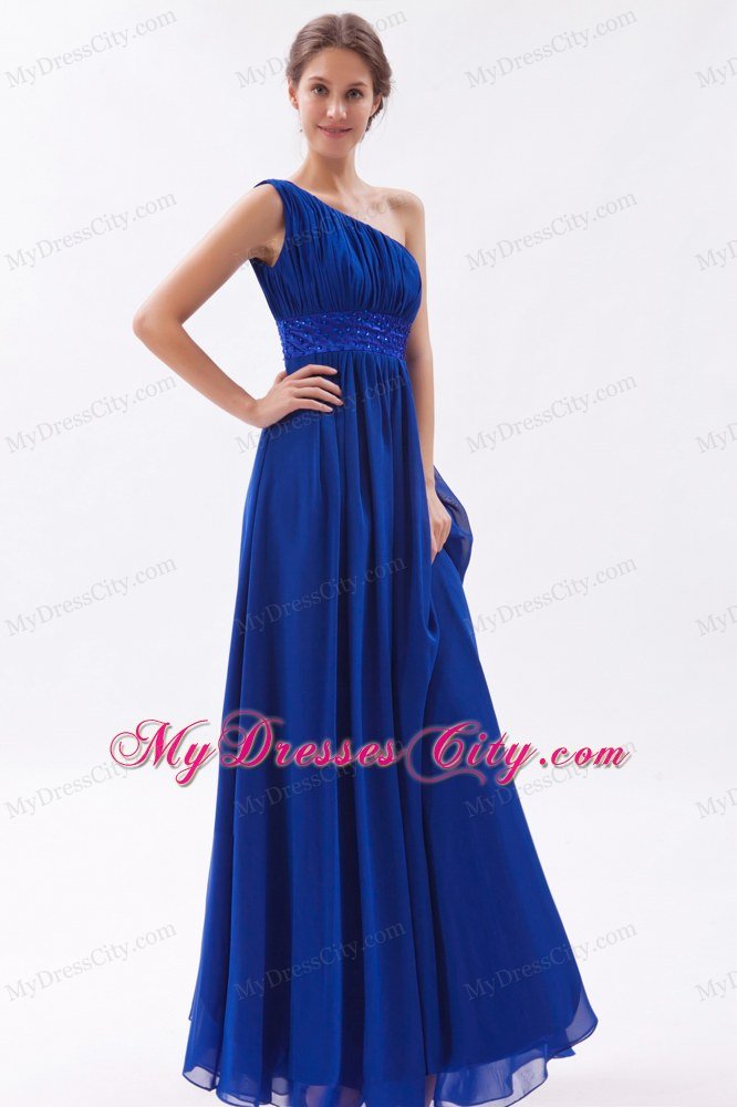 Chiffon One Shoulder Empire Beading Blue Prom Dress for Girls