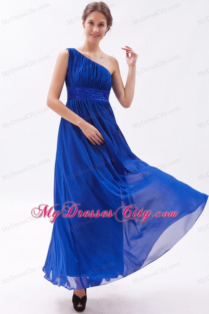 Chiffon One Shoulder Empire Beading Blue Prom Dress for Girls