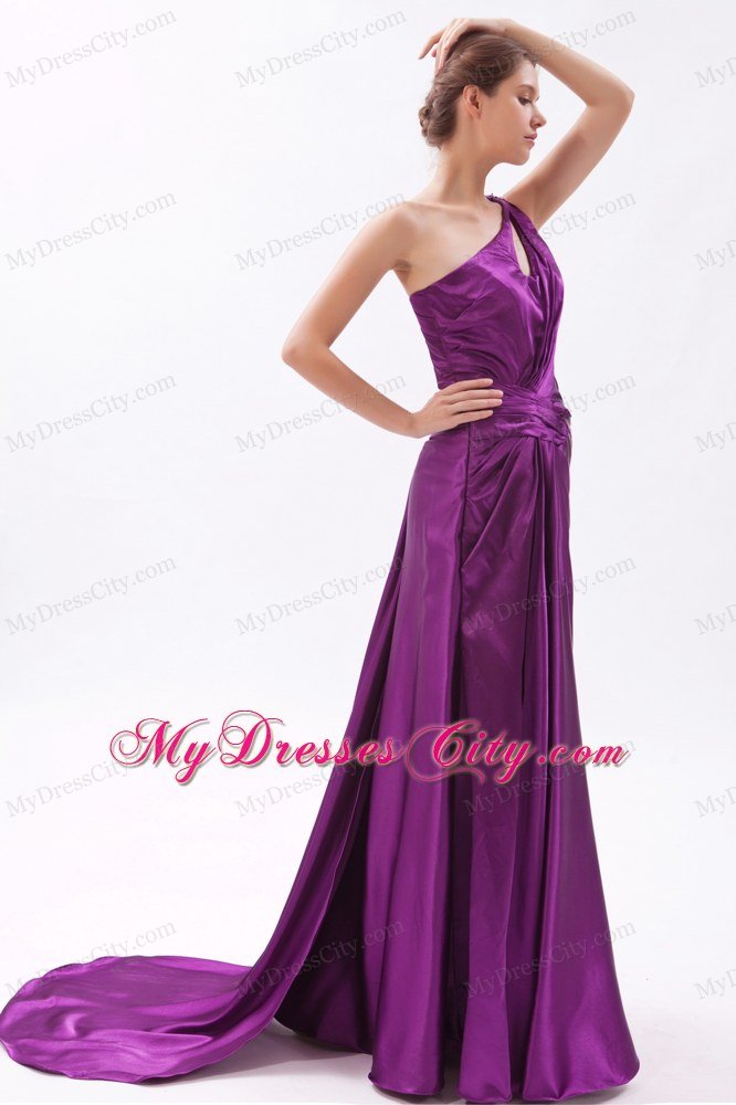 Single Shoulder Column Cutouts Eggplant Purple Prom Dress with Train