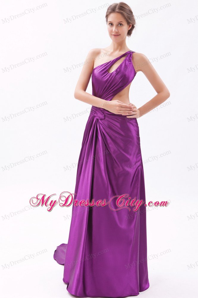 Single Shoulder Column Cutouts Eggplant Purple Prom Dress with Train