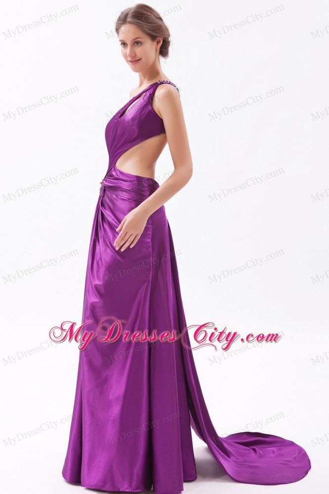 Single Shoulder Column Cutouts Eggplant Purple Prom Dress with Train