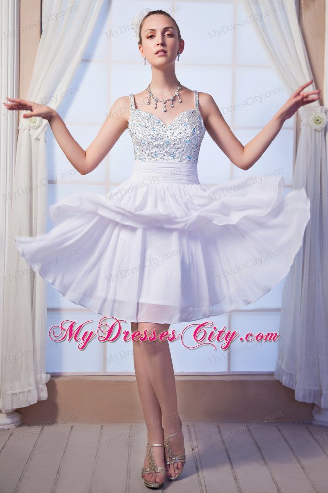 White Chiffon Empire Straps Knee-length Beaded Prom Dress