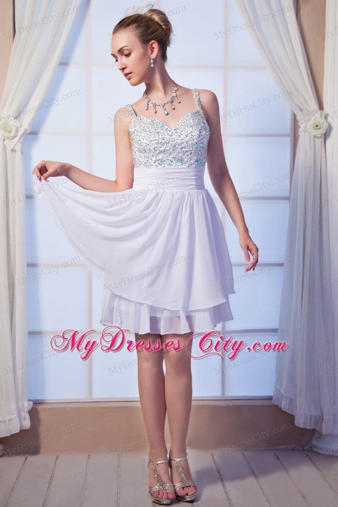 White Chiffon Empire Straps Knee-length Beaded Prom Dress