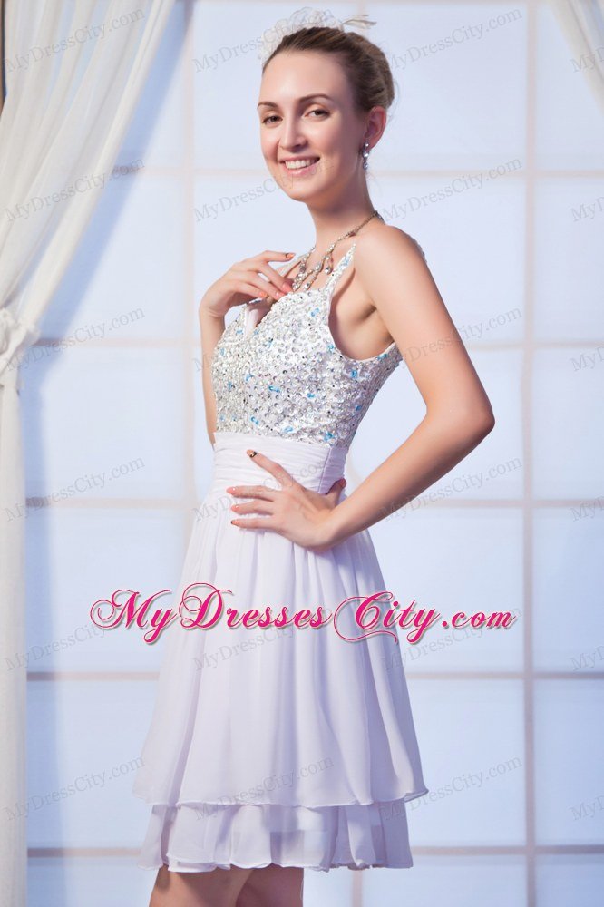 White Chiffon Empire Straps Knee-length Beaded Prom Dress