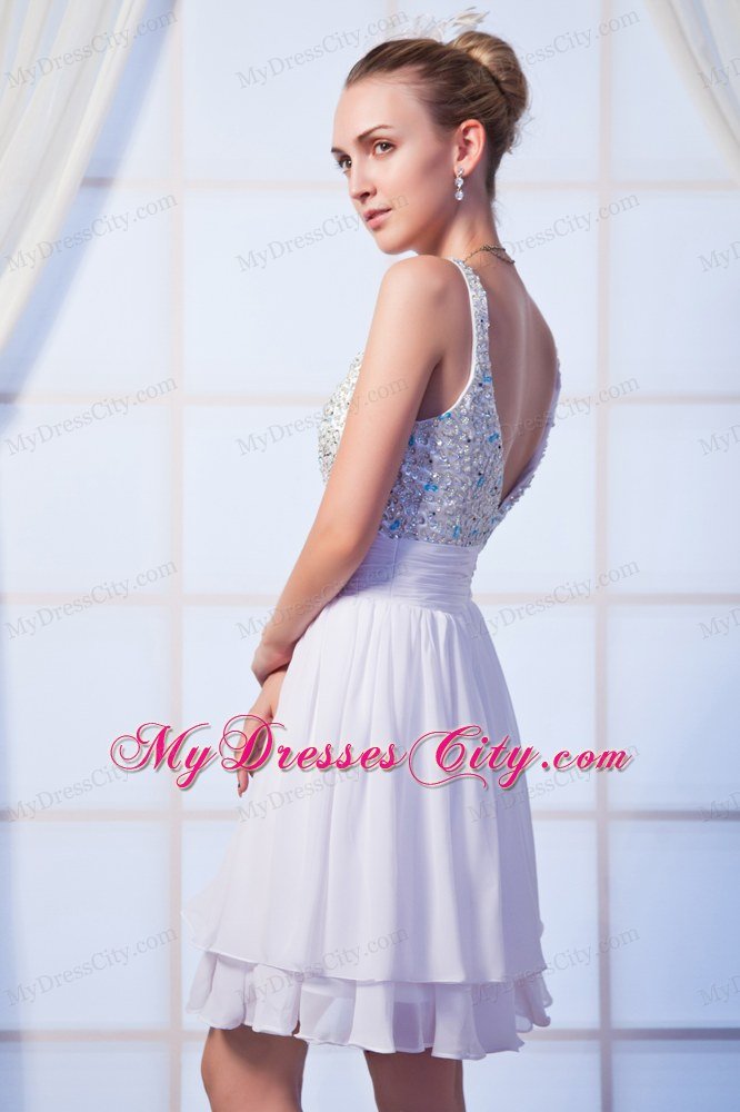 White Chiffon Empire Straps Knee-length Beaded Prom Dress