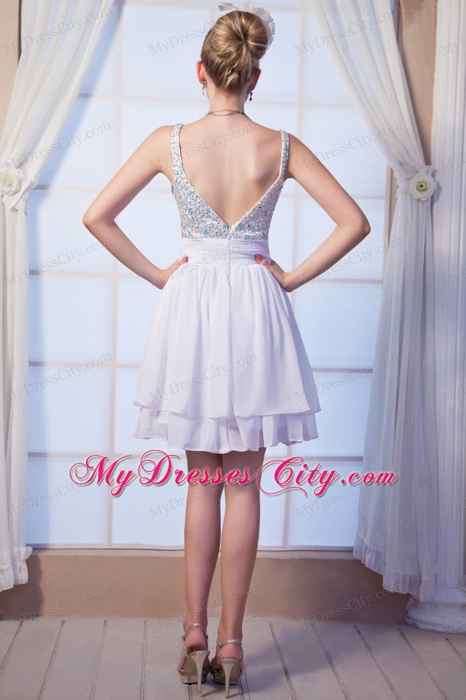 White Chiffon Empire Straps Knee-length Beaded Prom Dress