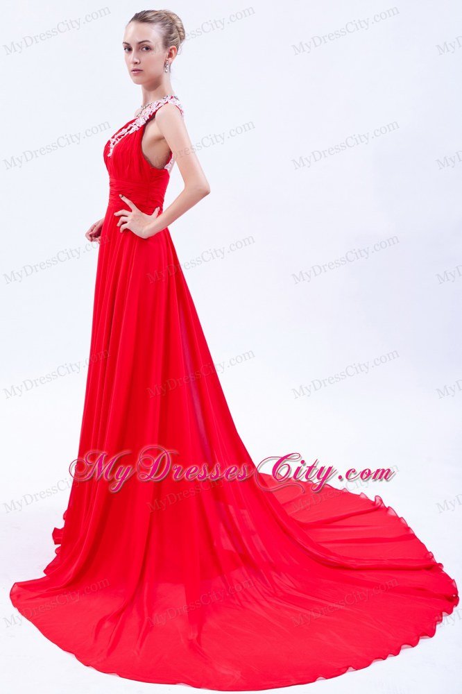 One Shoulder Court Train Chiffon Appliques Red Prom Gowns 2013