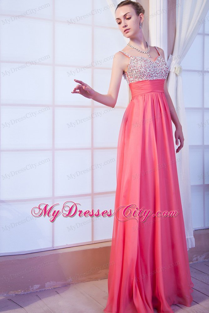 Beaded Chiffon V-back Straps Watermelon Pink Prom Dresses