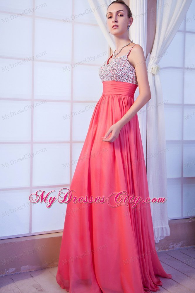 Beaded Chiffon V-back Straps Watermelon Pink Prom Dresses