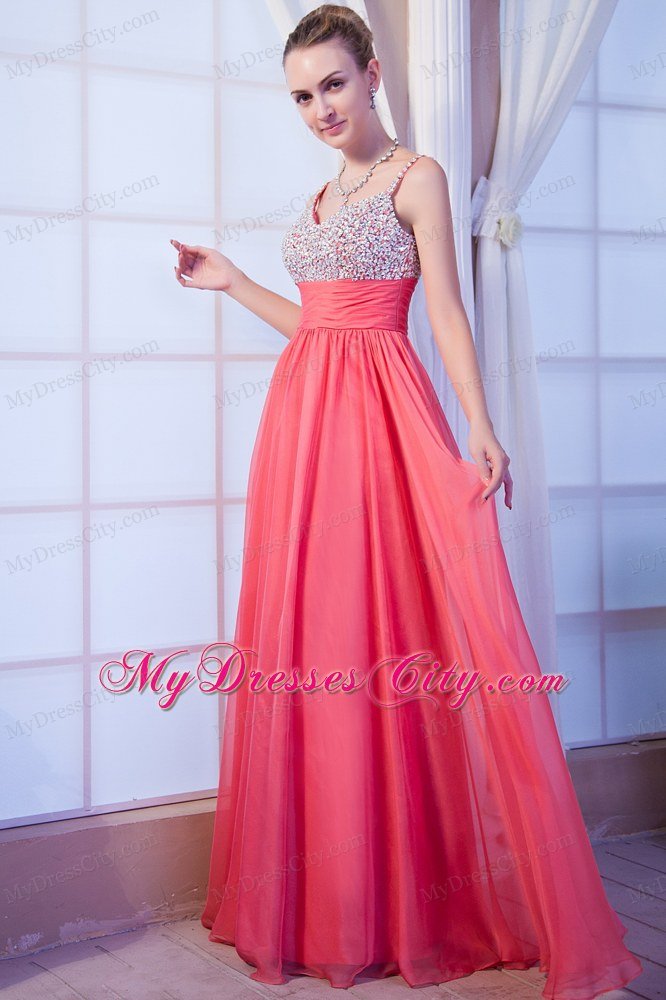 Beaded Chiffon V-back Straps Watermelon Pink Prom Dresses