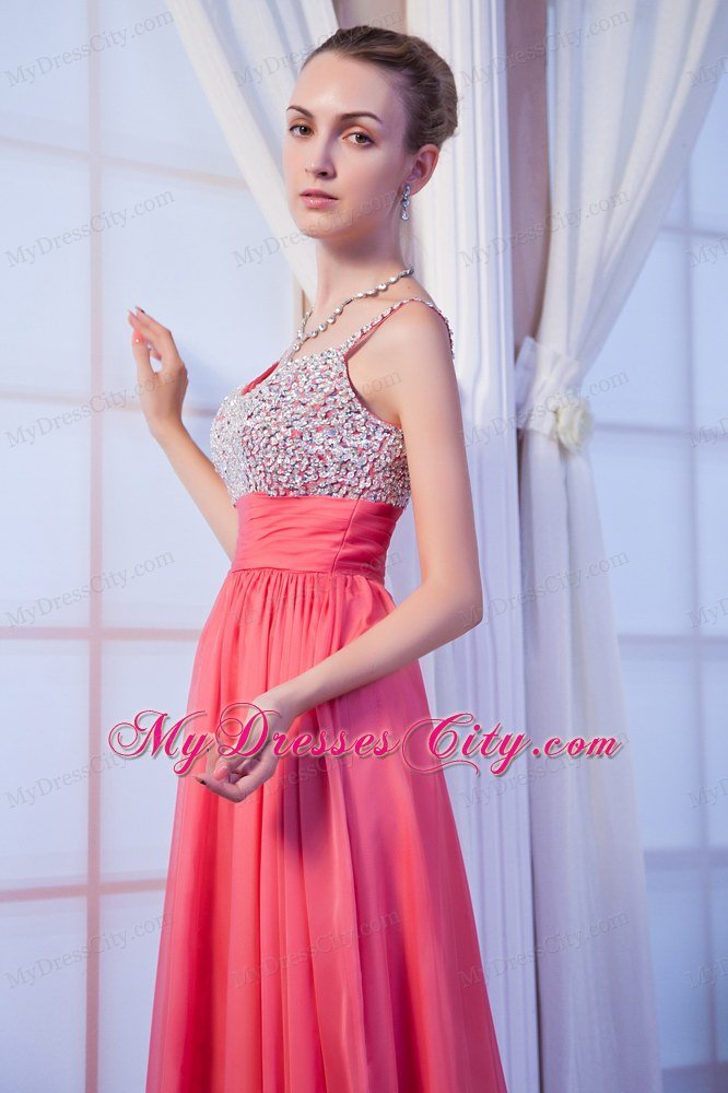 Beaded Chiffon V-back Straps Watermelon Pink Prom Dresses