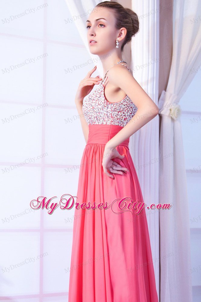 Beaded Chiffon V-back Straps Watermelon Pink Prom Dresses