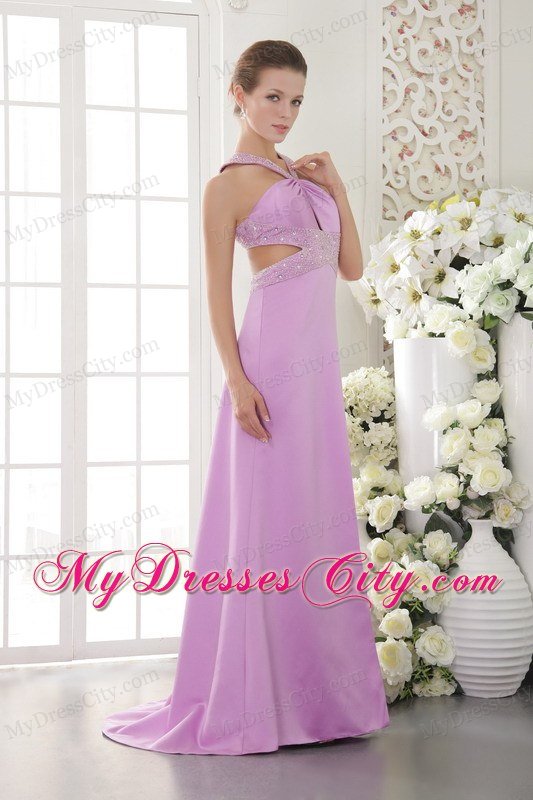 Column Brush Train Beading Lavender Prom Dress with Cut Outs