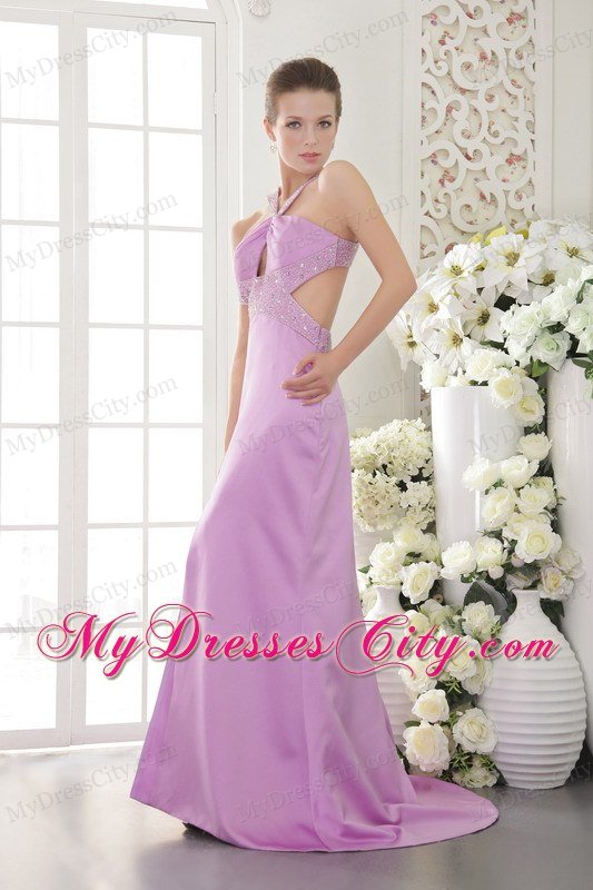 Column Brush Train Beading Lavender Prom Dress with Cut Outs