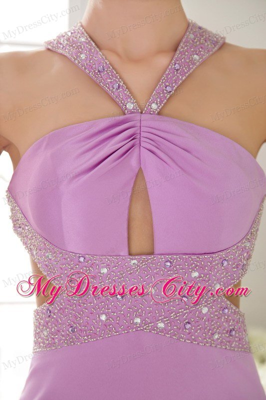 Column Brush Train Beading Lavender Prom Dress with Cut Outs