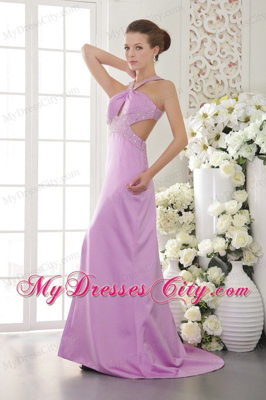 Column Brush Train Beading Lavender Prom Dress with Cut Outs