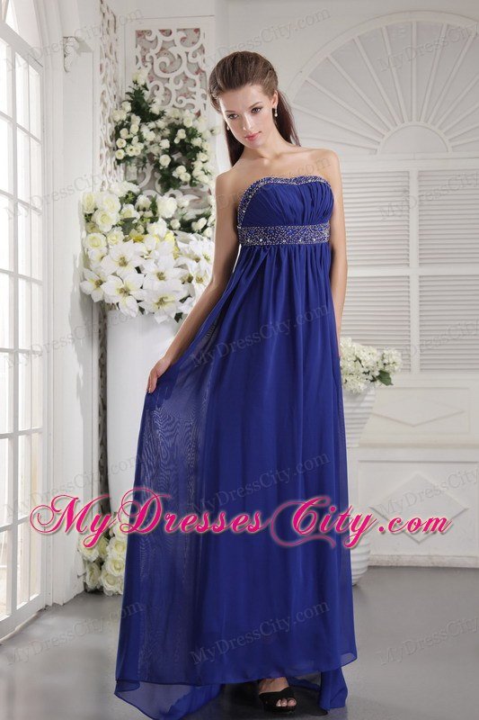 Blue Empire Strapless Brush Train Chiffon Prom Dress with Beading