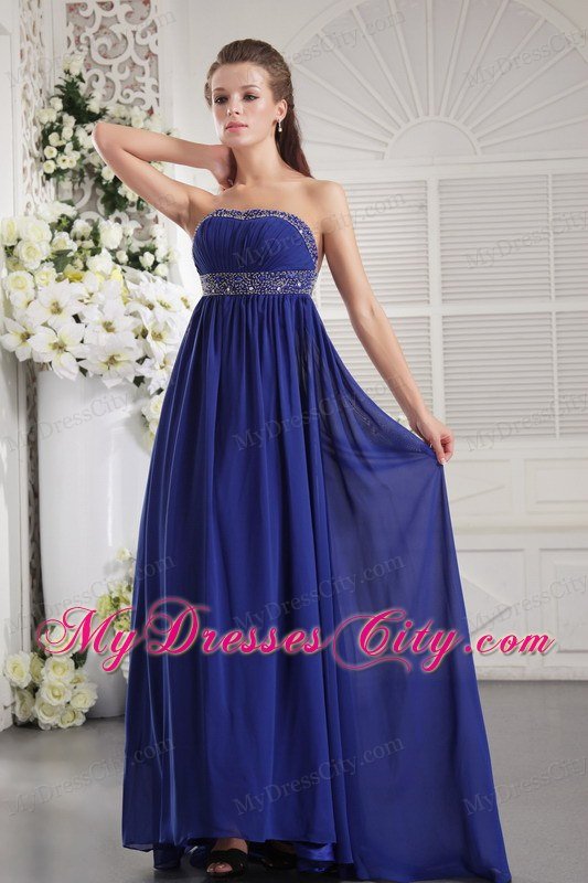 Blue Empire Strapless Brush Train Chiffon Prom Dress with Beading