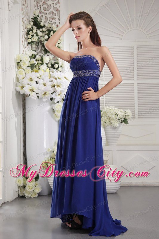 Blue Empire Strapless Brush Train Chiffon Prom Dress with Beading