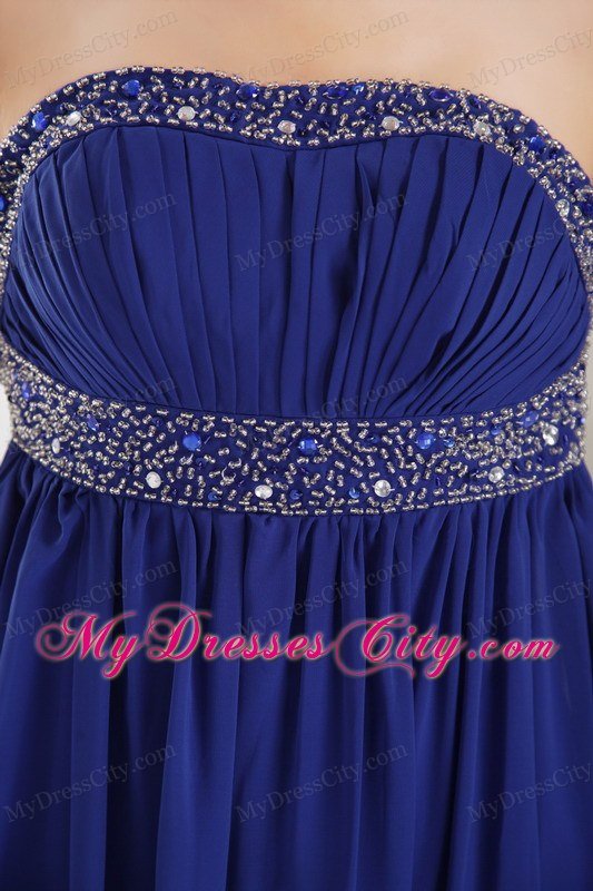 Blue Empire Strapless Brush Train Chiffon Prom Dress with Beading