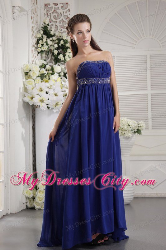 Blue Empire Strapless Brush Train Chiffon Prom Dress with Beading