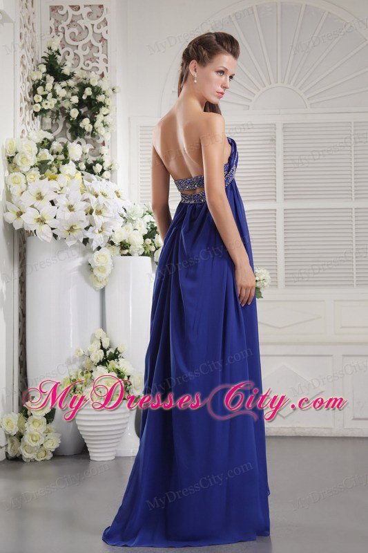 Blue Empire Strapless Brush Train Chiffon Prom Dress with Beading