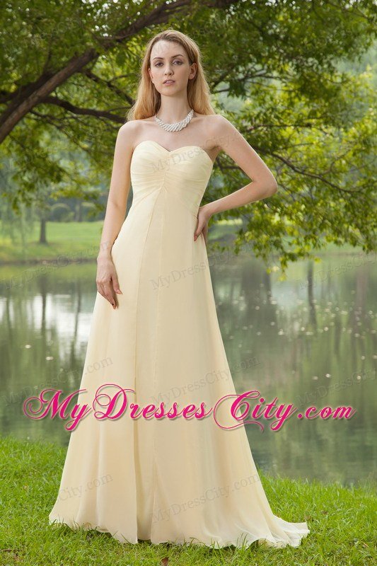 Light Yellow Empire Sweetheart Brush Train Prom Dress with Ruches