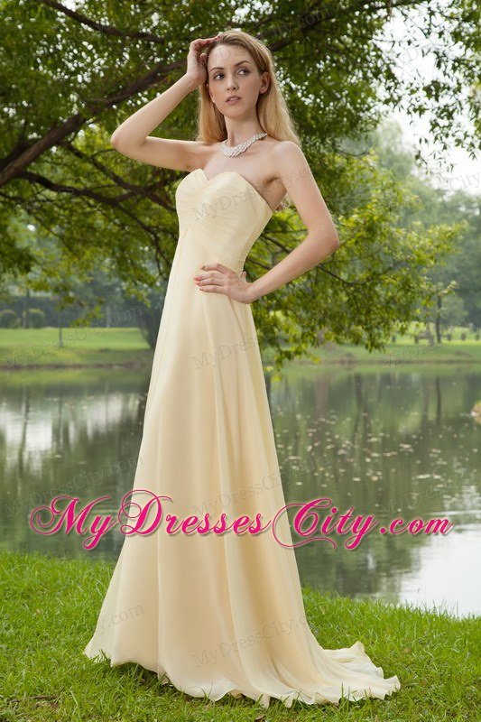 Light Yellow Empire Sweetheart Brush Train Prom Dress with Ruches