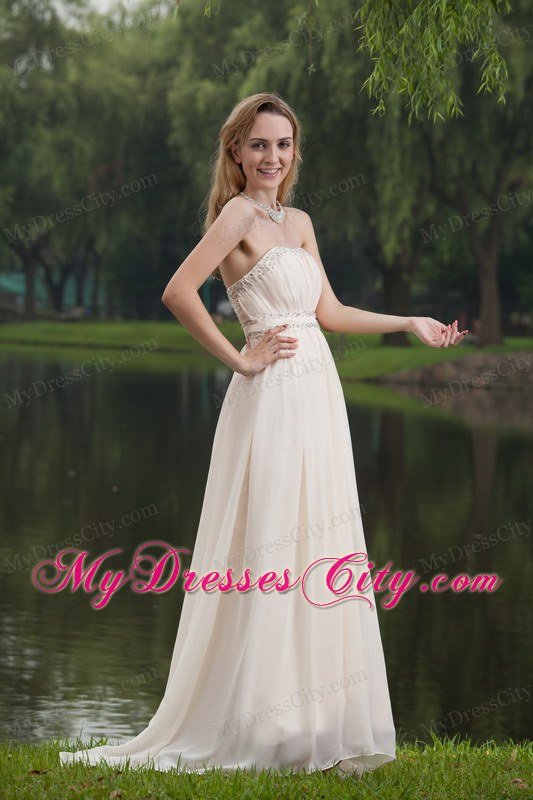 Champagne Empire Strapless Brush Train Prom Dress with Beading