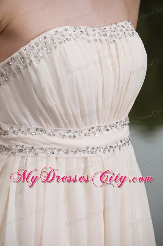 Champagne Empire Strapless Brush Train Prom Dress with Beading