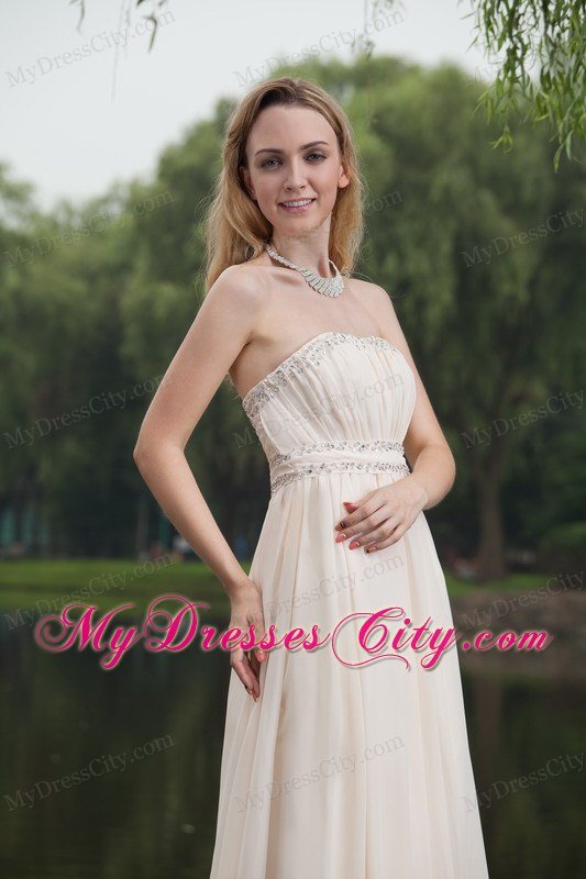 Champagne Empire Strapless Brush Train Prom Dress with Beading