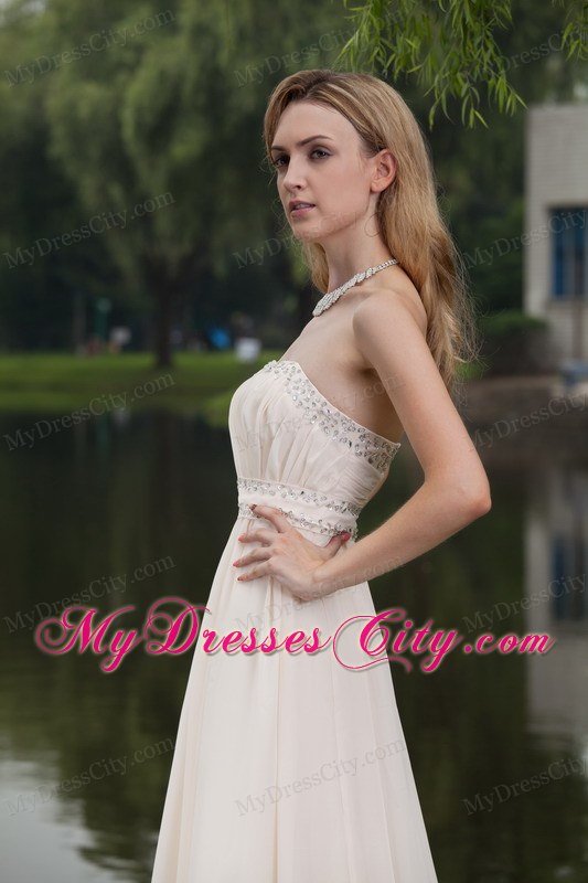 Champagne Empire Strapless Brush Train Prom Dress with Beading