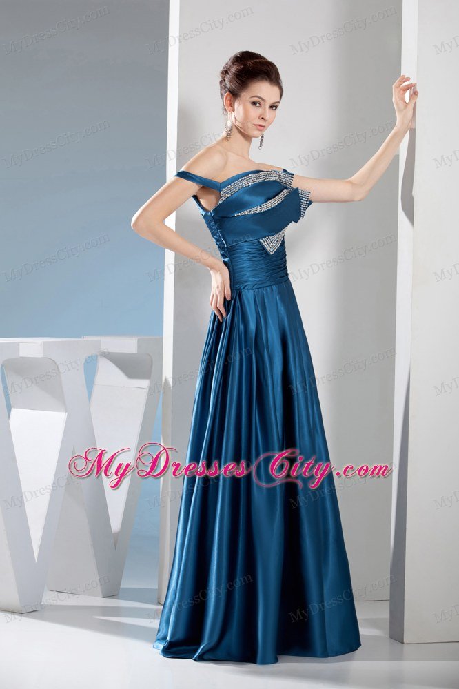 Teal Column Off the Shoulder Prom Dress with Beading for Cheap