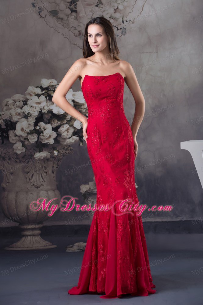 Cheap Mermaid Strapless long Red 2013 Prom Dress with Appliques