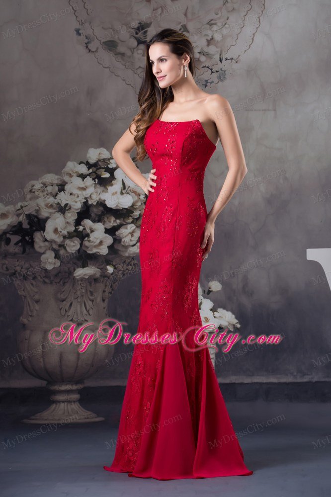 Cheap Mermaid Strapless long Red 2013 Prom Dress with Appliques