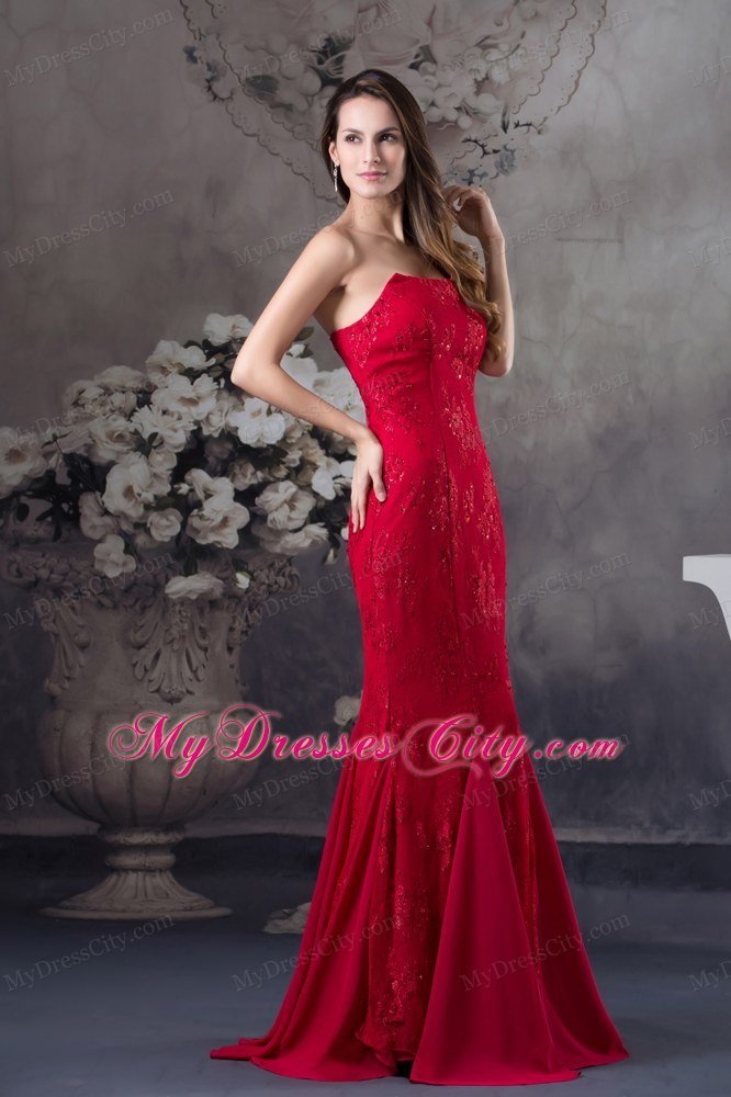 Cheap Mermaid Strapless long Red 2013 Prom Dress with Appliques