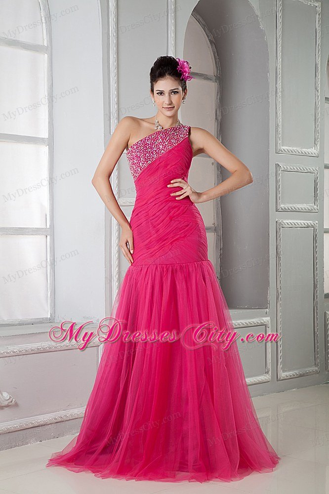 Latest Beaded Mermaid Tulle Prom Dress with Single Shoulder