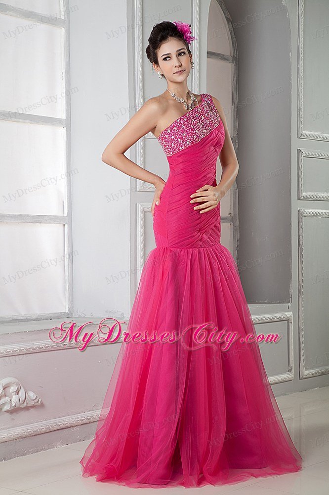 Latest Beaded Mermaid Tulle Prom Dress with Single Shoulder