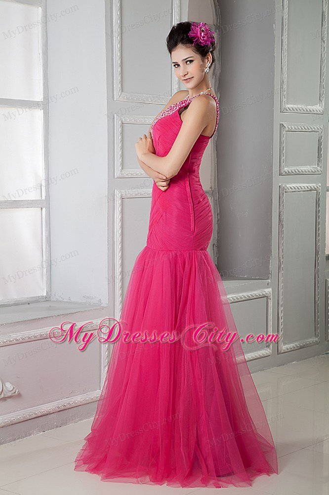 Latest Beaded Mermaid Tulle Prom Dress with Single Shoulder