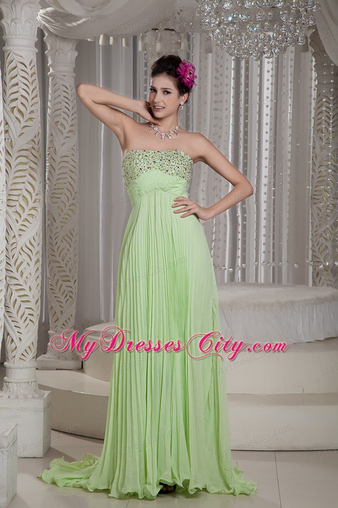 Apple Green Empire Beading Strapless Prom Dress with Train