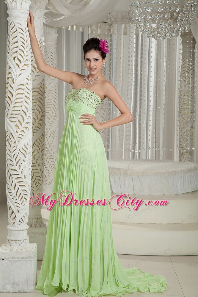 Apple Green Empire Beading Strapless Prom Dress with Train