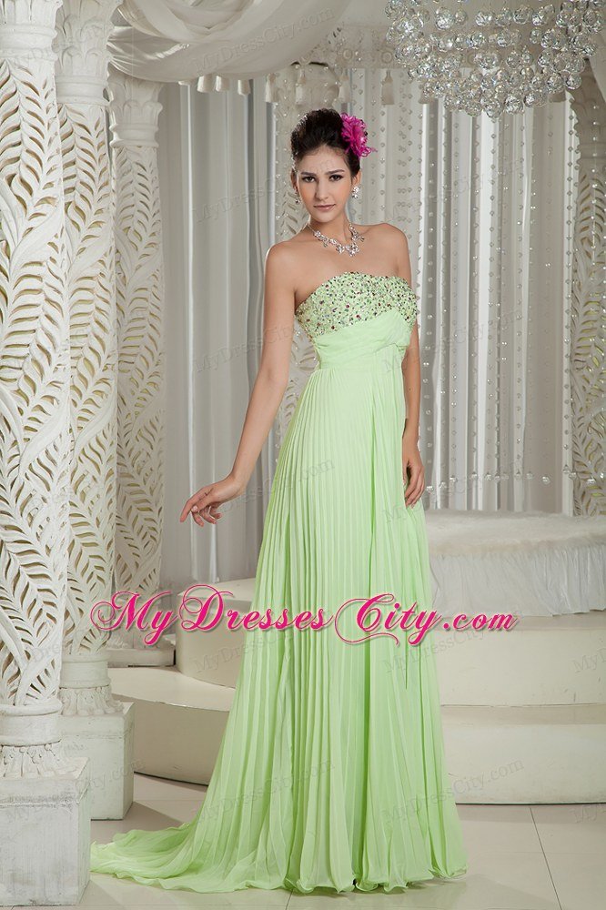 Apple Green Empire Beading Strapless Prom Dress with Train