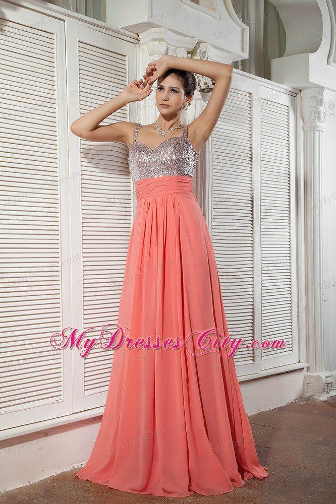 Watermelon Red Chiffon Prom Evening Dress with Beaded Straps