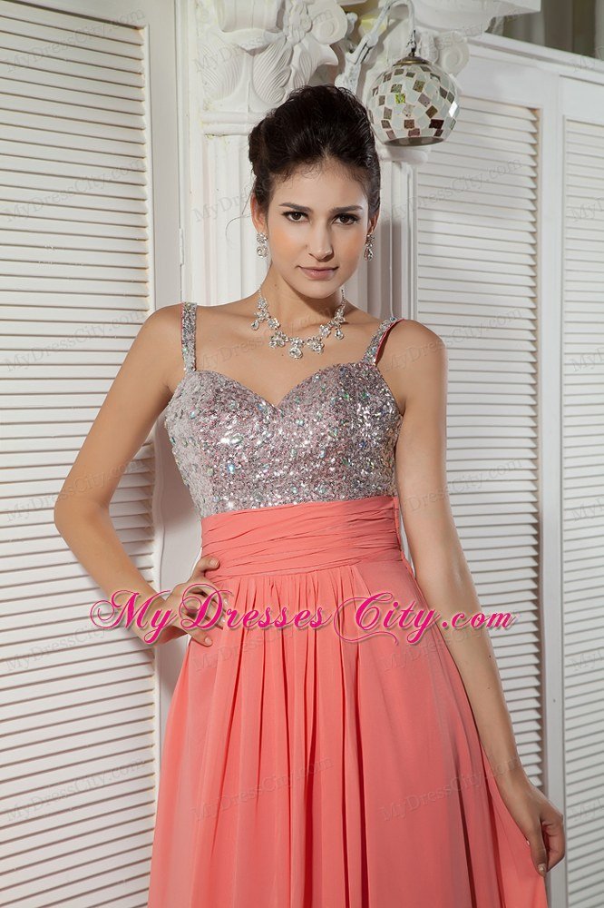 Watermelon Red Chiffon Prom Evening Dress with Beaded Straps