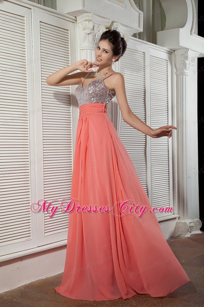 Watermelon Red Chiffon Prom Evening Dress with Beaded Straps