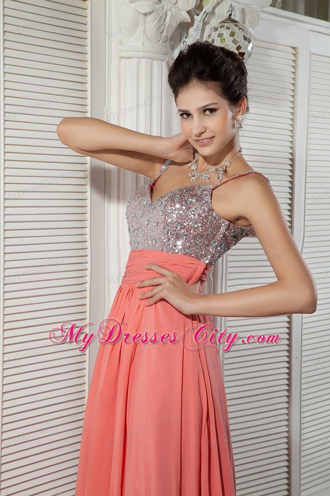 Watermelon Red Chiffon Prom Evening Dress with Beaded Straps