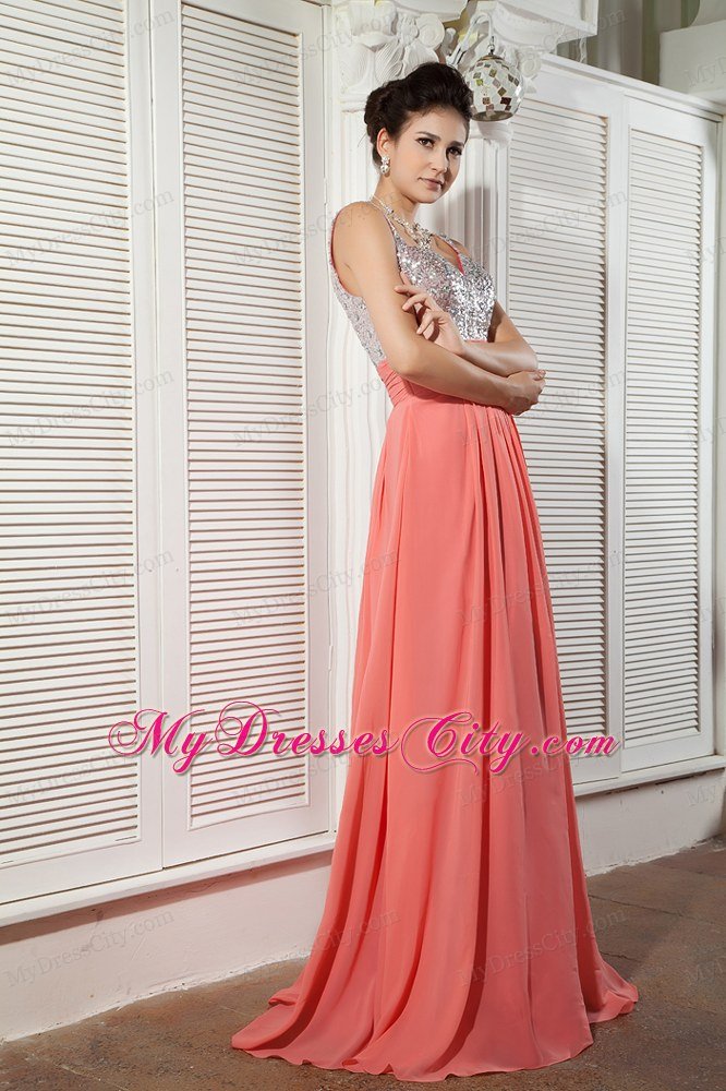 Watermelon Red Chiffon Prom Evening Dress with Beaded Straps